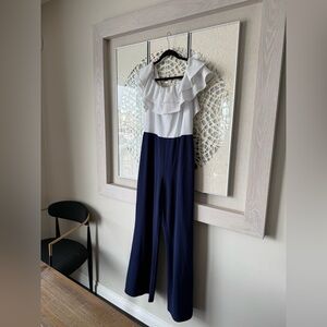 MARINA White Ruffle-Top Navy Wide-Leg Jumpsuit